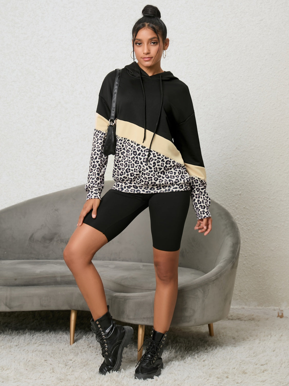 Leopard print and color block drawstring hoodie.