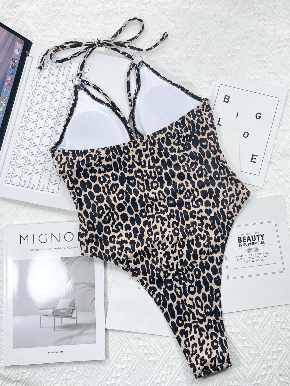 Leopard Cutout Halter Neck One-Piece Swimwear.