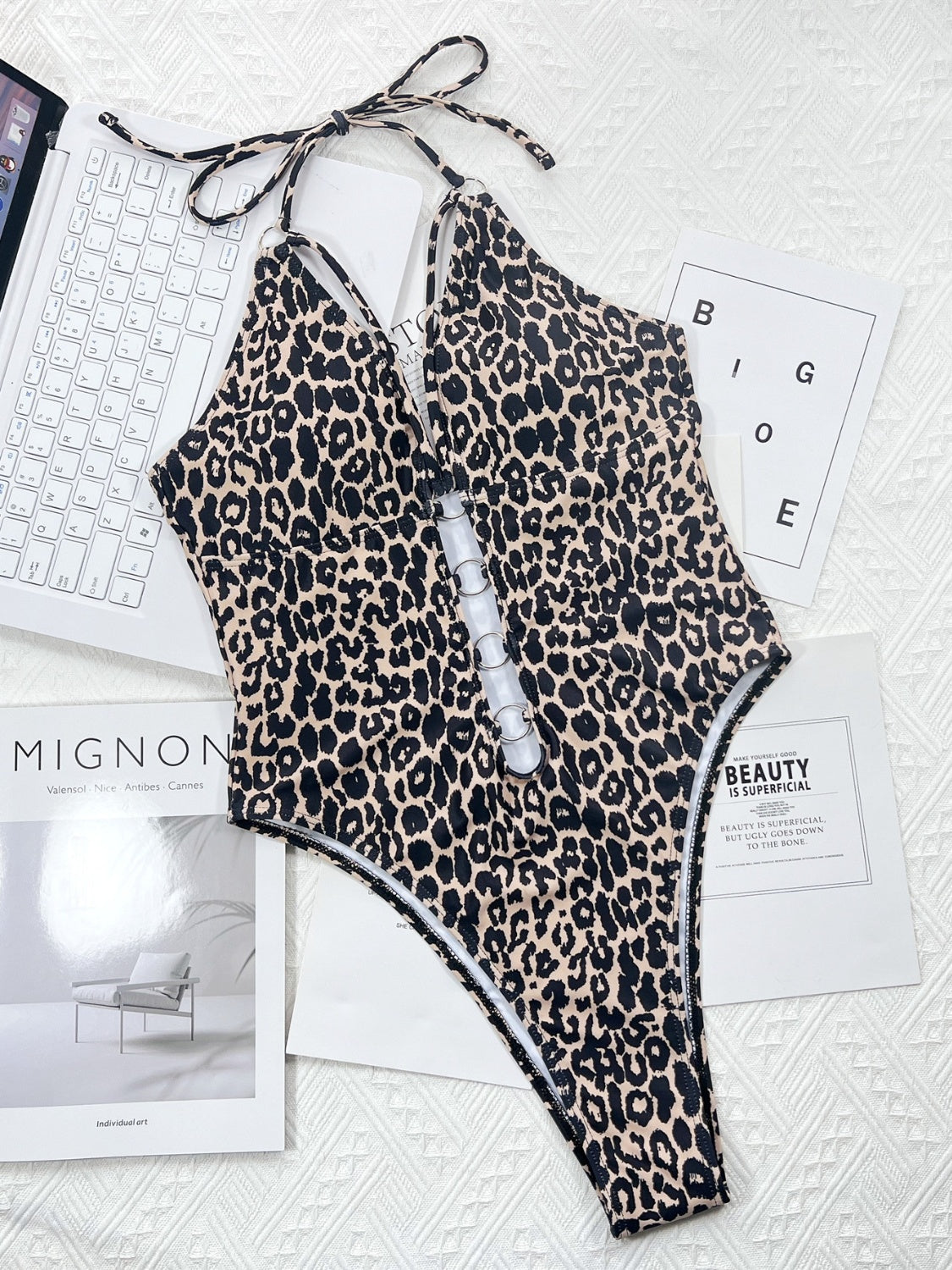 Leopard Cutout Halter Neck One-Piece Swimwear.