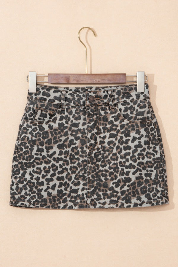Leopard Denim Mini Skirt.