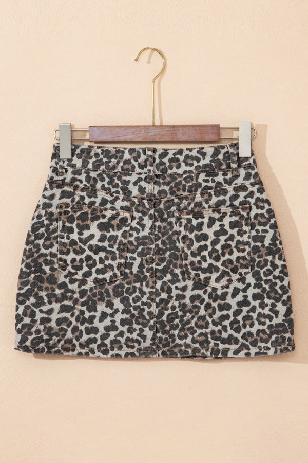 Leopard Denim Mini Skirt.