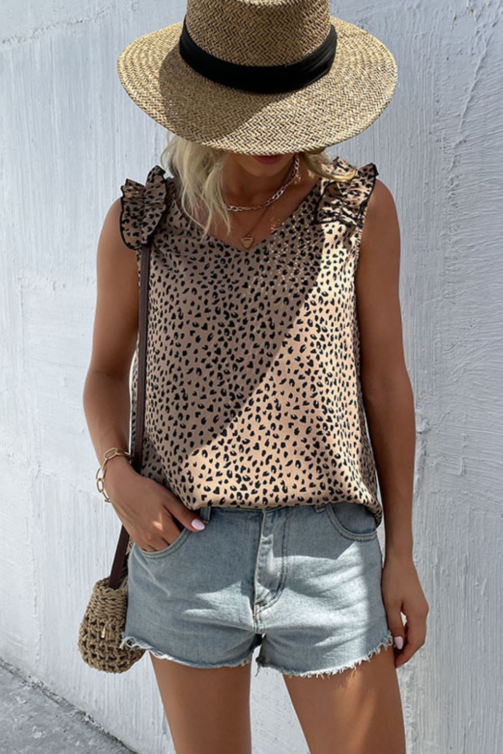 Leopard frill trim V-neck tank.