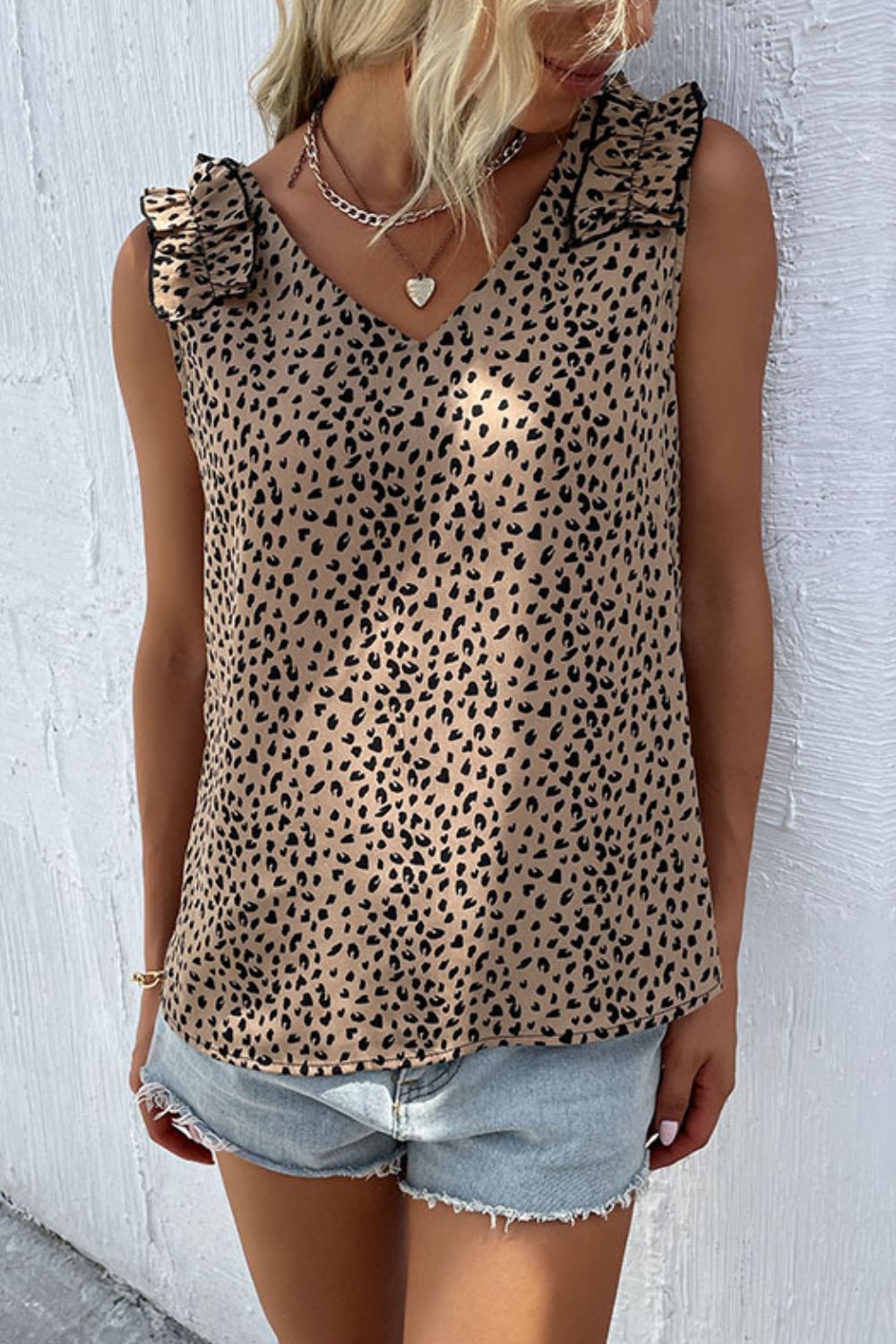Leopard frill trim V-neck tank.