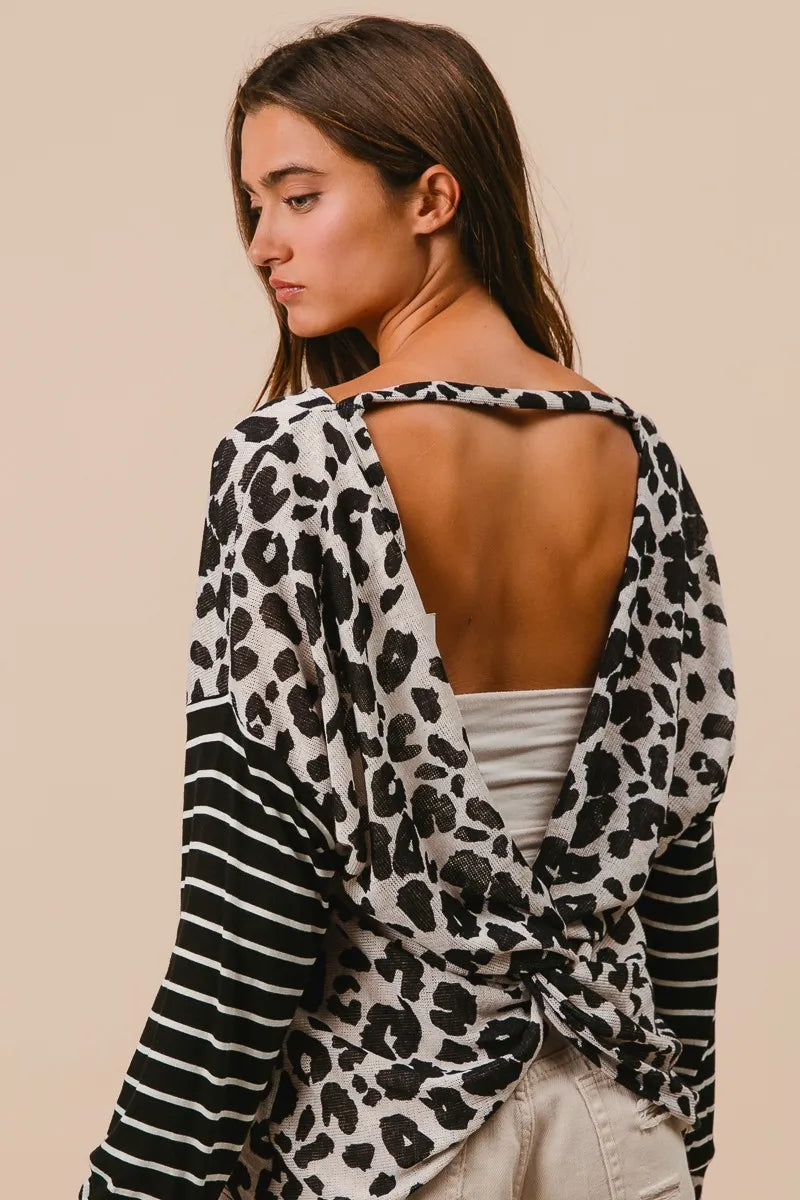 Bibi Leopard Hacci Knit Twist Back Top With Stripe Sleeve.