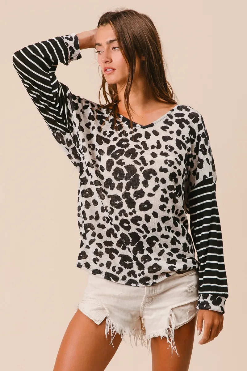 Bibi Leopard Hacci Knit Twist Back Top With Stripe Sleeve.