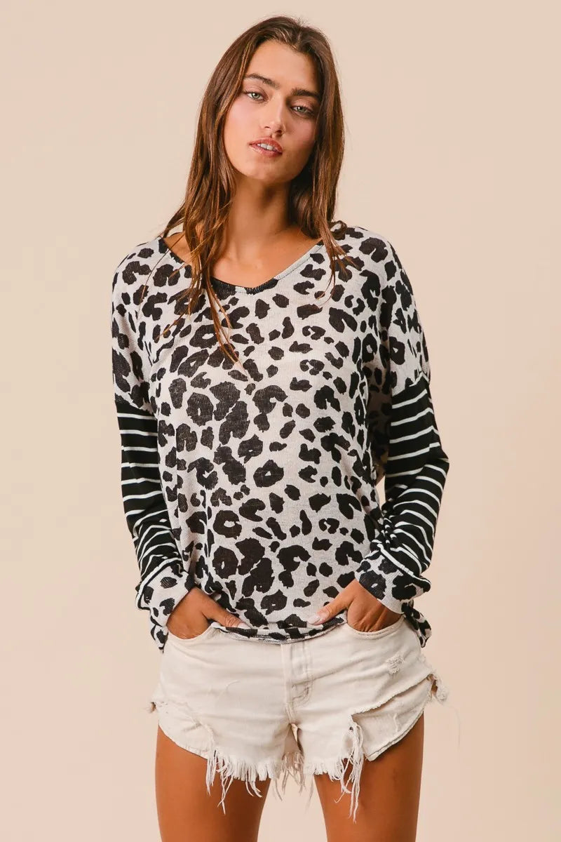 Bibi Leopard Hacci Knit Twist Back Top With Stripe Sleeve.