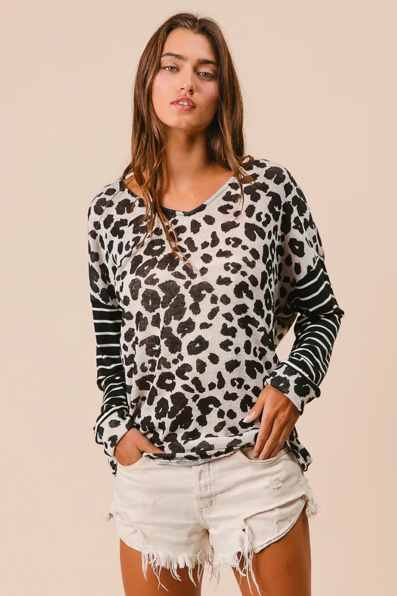 Bibi Leopard Hacci Knit Twist Back Top With Stripe Sleeve.