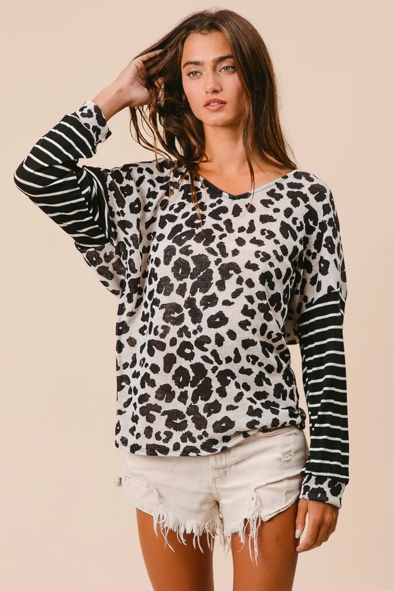 Bibi Leopard Hacci Knit Twist Back Top With Stripe Sleeve.
