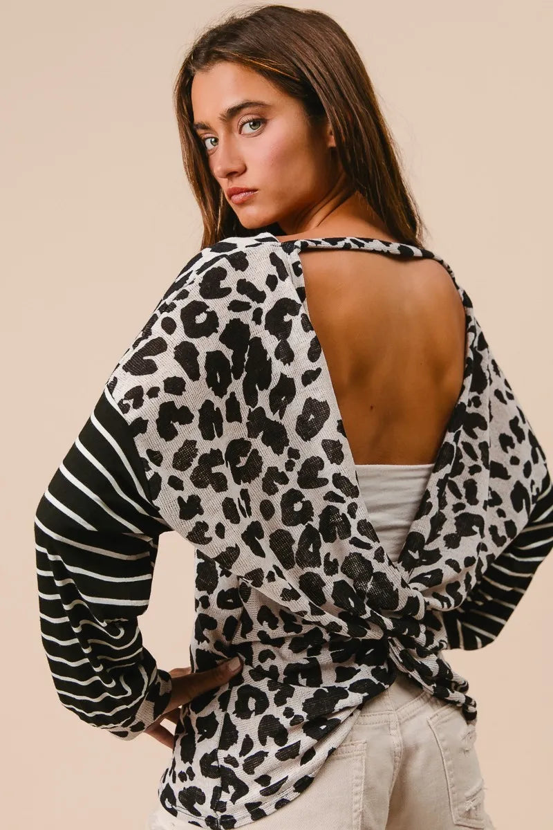 Bibi Leopard Hacci Knit Twist Back Top With Stripe Sleeve.