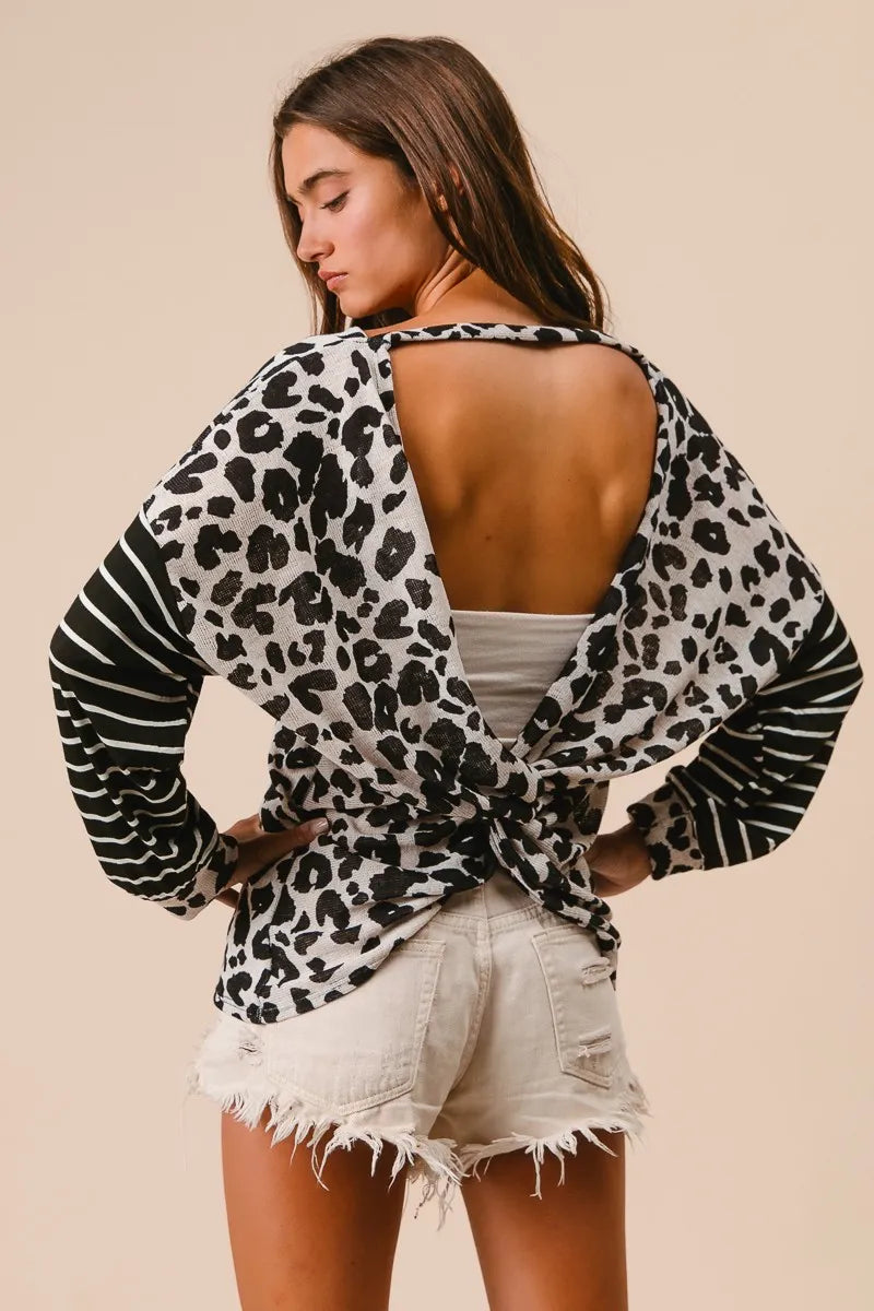 Bibi Leopard Hacci Knit Twist Back Top With Stripe Sleeve.