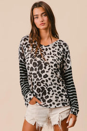Bibi Leopard Hacci Knit Twist Back Top With Stripe Sleeve.