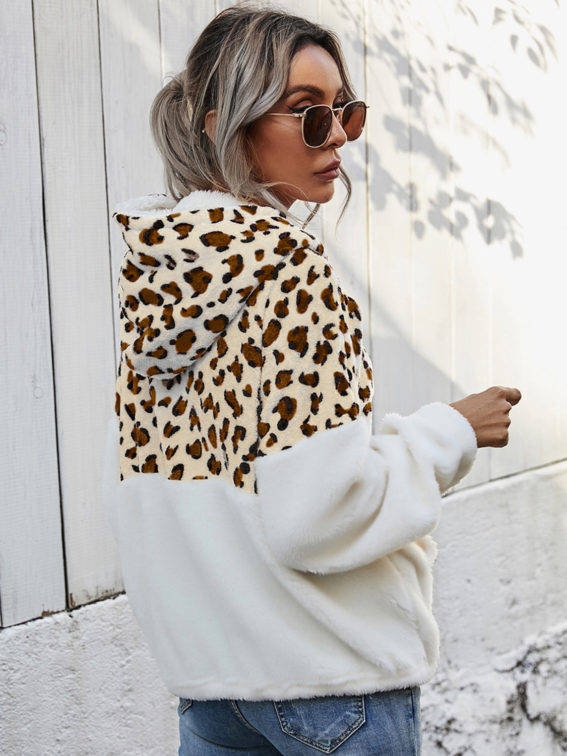 Shiny leopard print half-zip dropped shoulder hoodie.