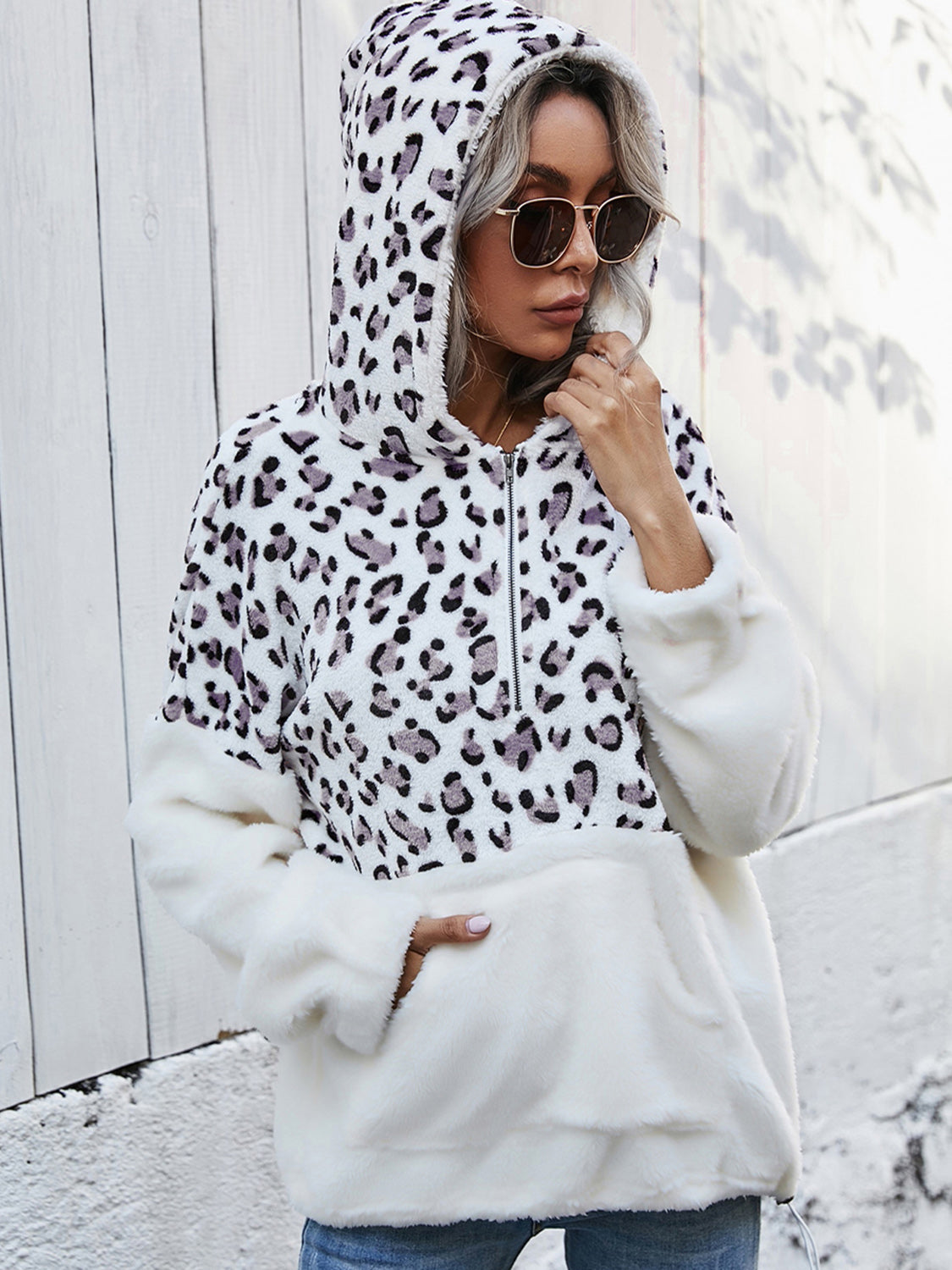 Shiny leopard print half-zip dropped shoulder hoodie.