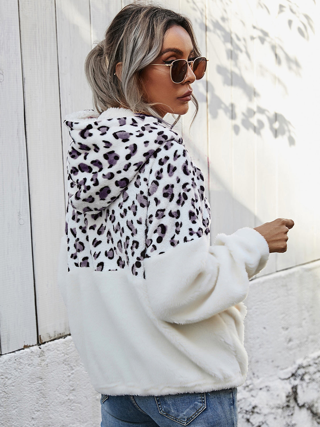 Shiny leopard print half-zip dropped shoulder hoodie.