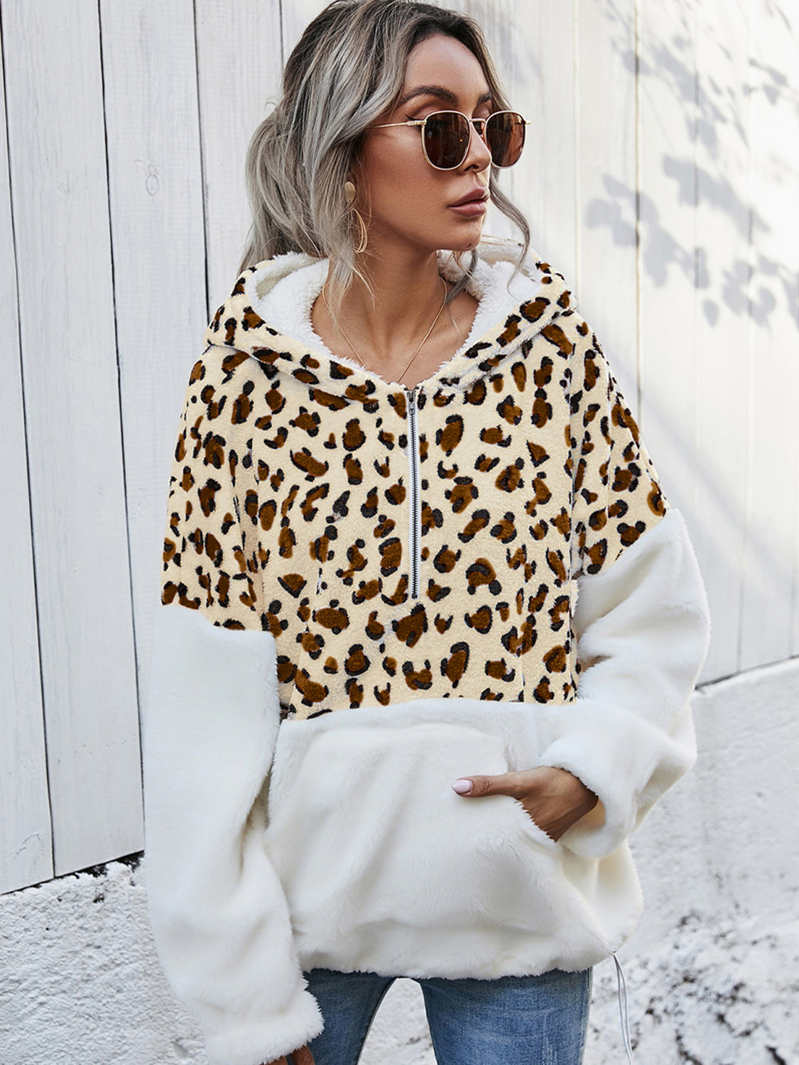 Shiny leopard print half-zip dropped shoulder hoodie.