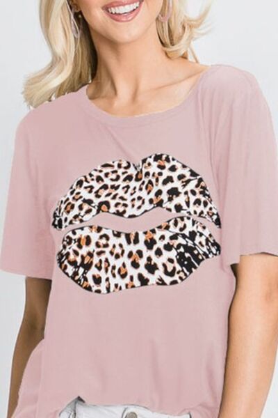Leopard Lip Round Neck Short Sleeve T-Shirt Plus Size