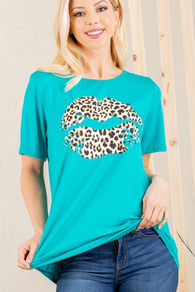 Leopard Lip Round Neck Short Sleeve T-Shirt Plus Size