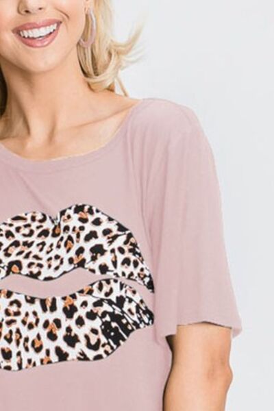 Leopard Lip Round Neck Short Sleeve T-Shirt Plus Size