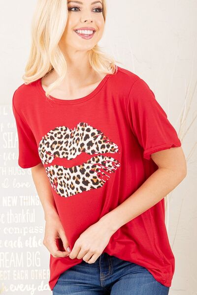 Leopard Lip Round Neck Short Sleeve T-Shirt Plus Size
