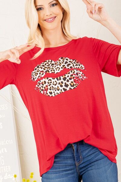 Leopard Lip Round Neck Short Sleeve T-Shirt Plus Size