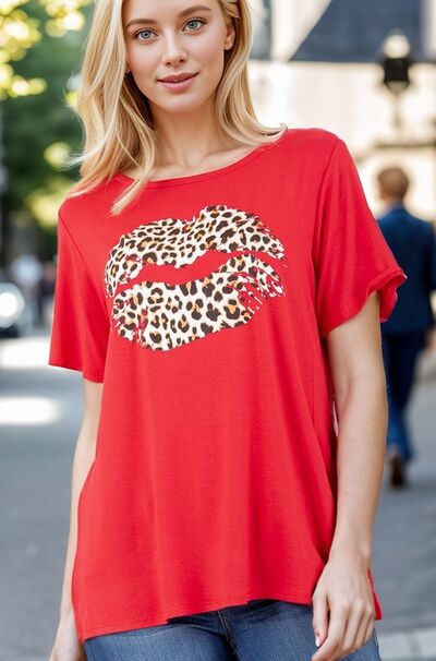 Leopard Lip Round Neck Short Sleeve T-Shirt Plus Size