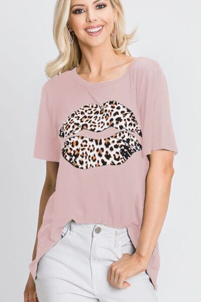 Leopard Lip Round Neck Short Sleeve T-Shirt Plus Size