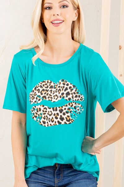 Leopard Lip Round Neck Short Sleeve T-Shirt Plus Size