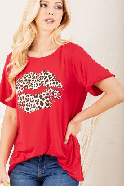 Leopard Lip Round Neck Short Sleeve T-Shirt Plus Size