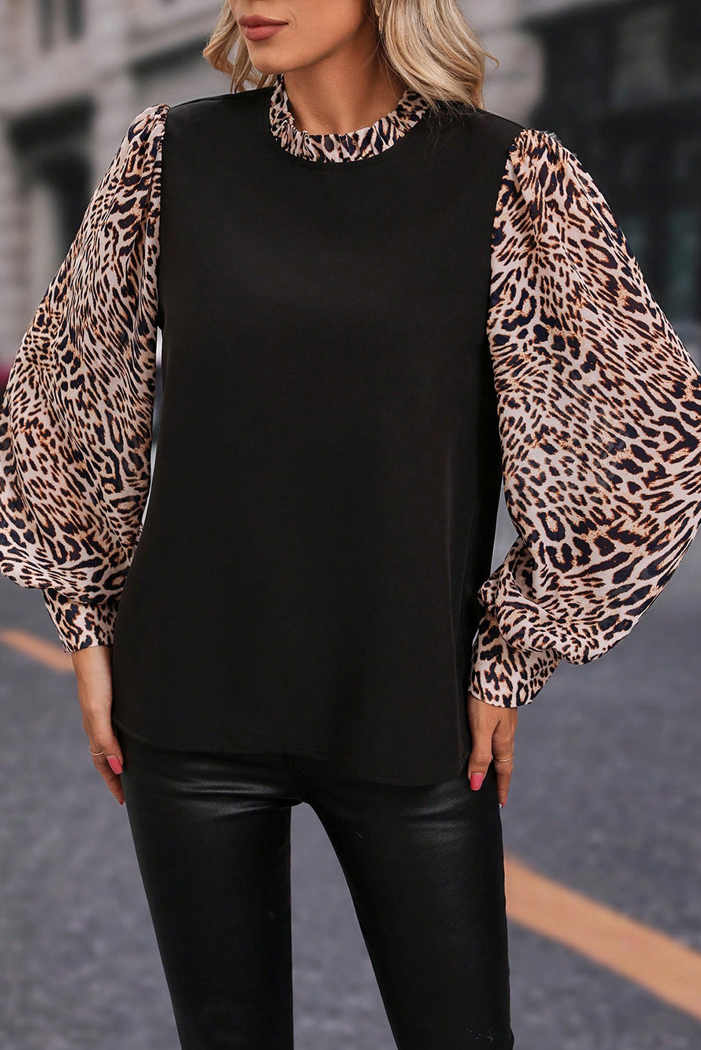 Leopard Mock Neck Lantern Sleeve Blouse.