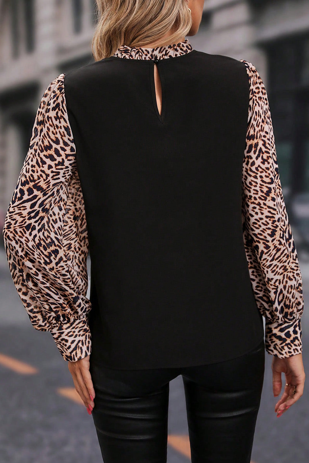 Leopard Mock Neck Lantern Sleeve Blouse.