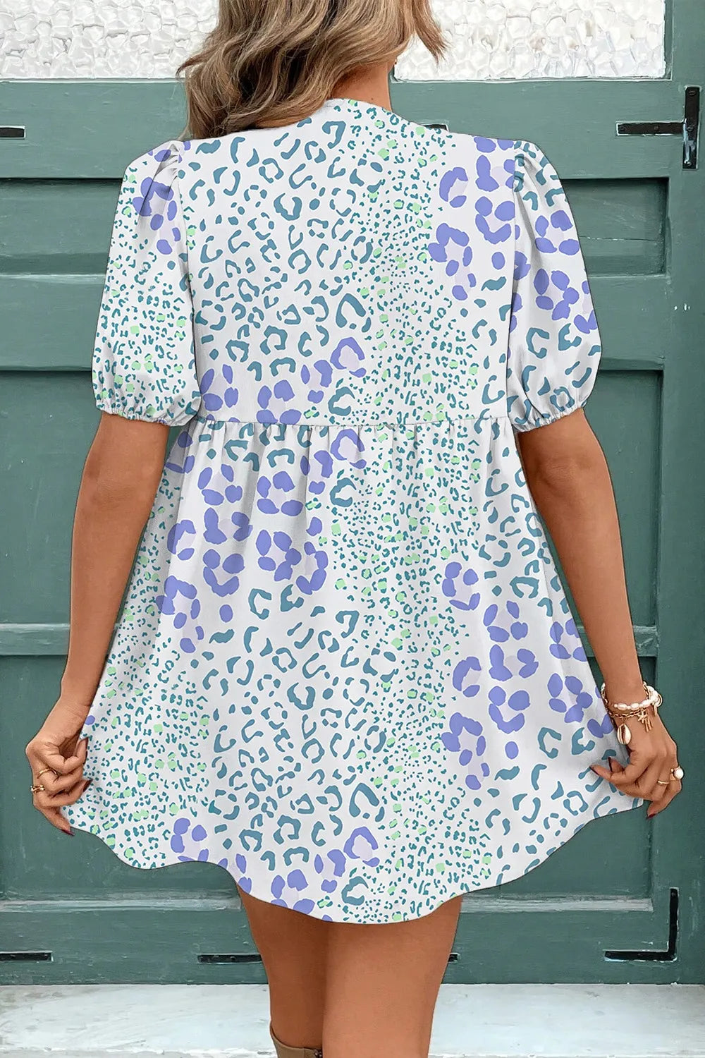Leopard Print Bow Front Puff Sleeve Mini Dress.