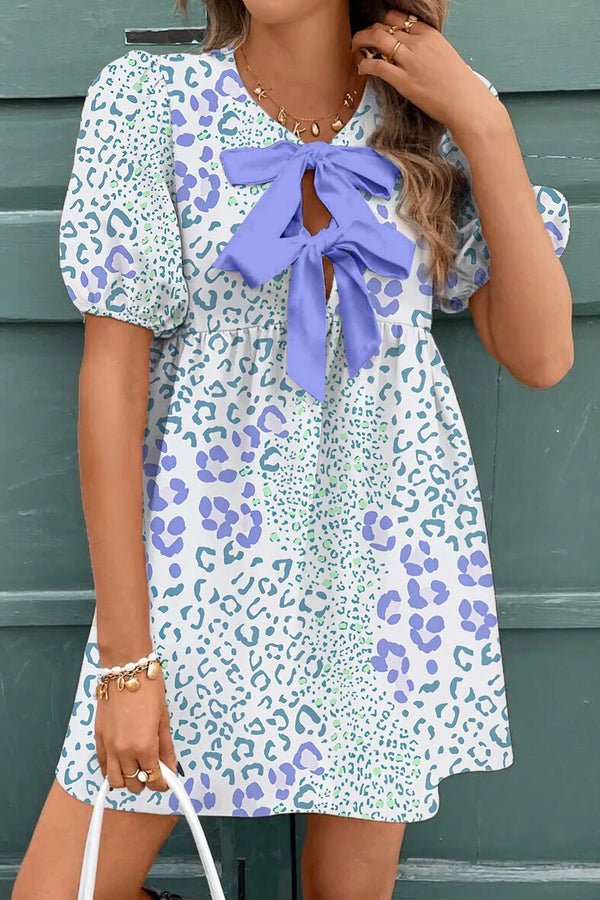 Leopard Print Bow Front Puff Sleeve Mini Dress.