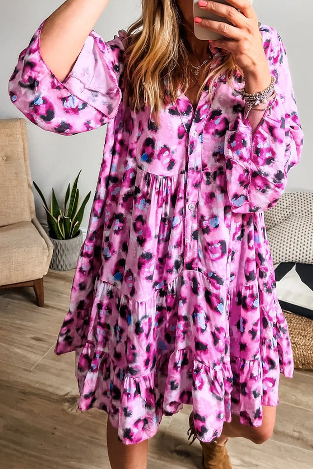 Leopard Print Buttoned Front 3/4 Sleeve Tiered Ruffled Hem Dress.