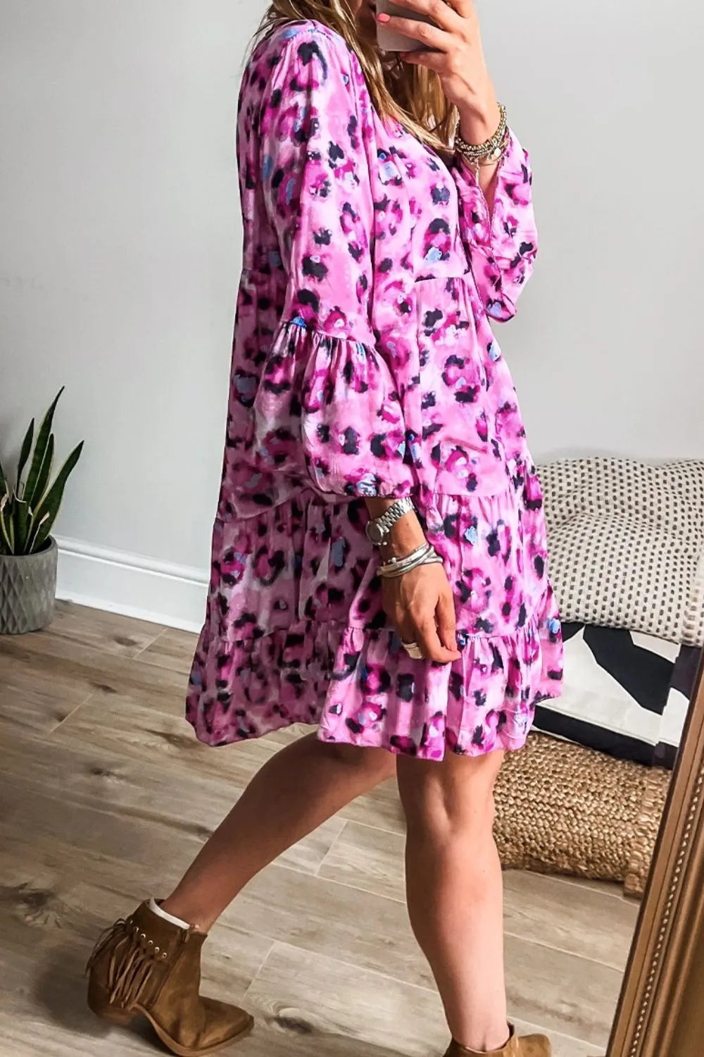 Leopard Print Buttoned Front 3/4 Sleeve Tiered Ruffled Hem Dress.