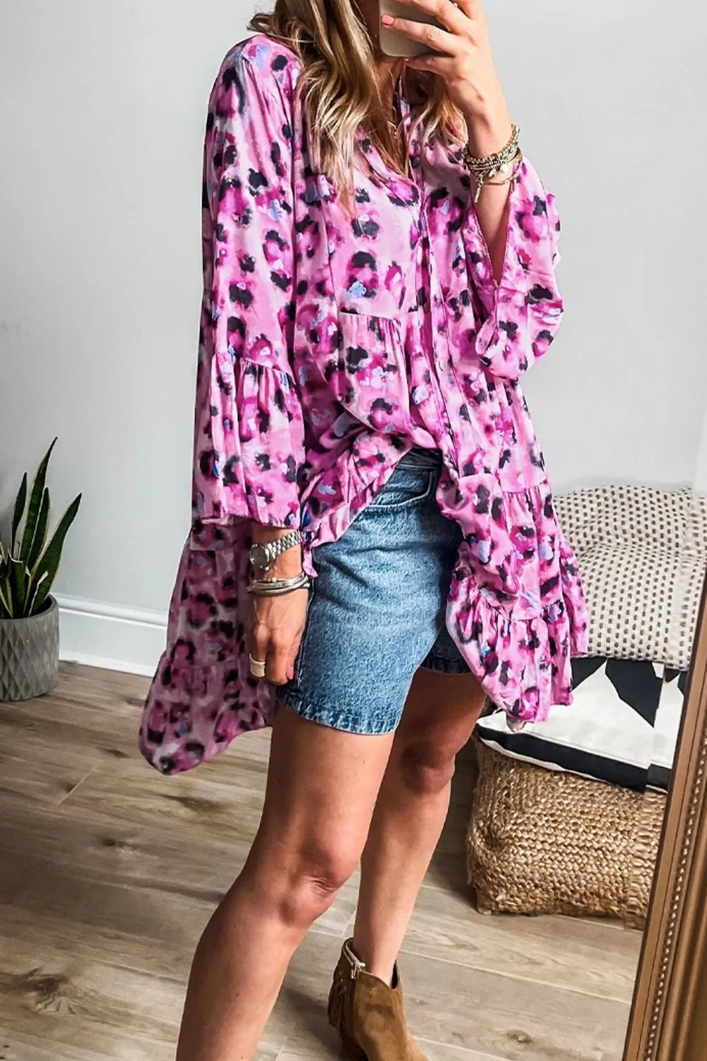 Leopard Print Buttoned Front 3/4 Sleeve Tiered Ruffled Hem Dress.