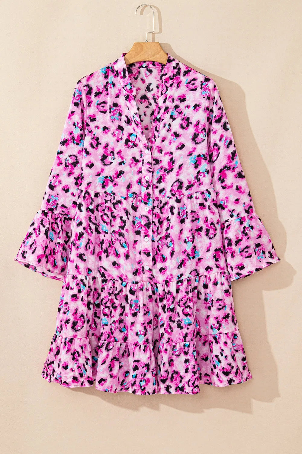 Leopard Print Buttoned Front 3/4 Sleeve Tiered Ruffled Hem Dress.