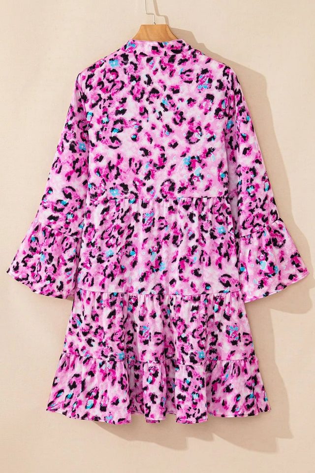 Leopard Print Buttoned Front 3/4 Sleeve Tiered Ruffled Hem Dress.