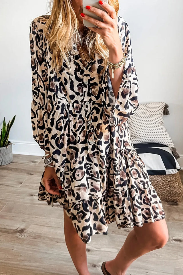 Leopard Print Buttoned Front 3/4 Sleeve Tiered Ruffled Hem Dress.