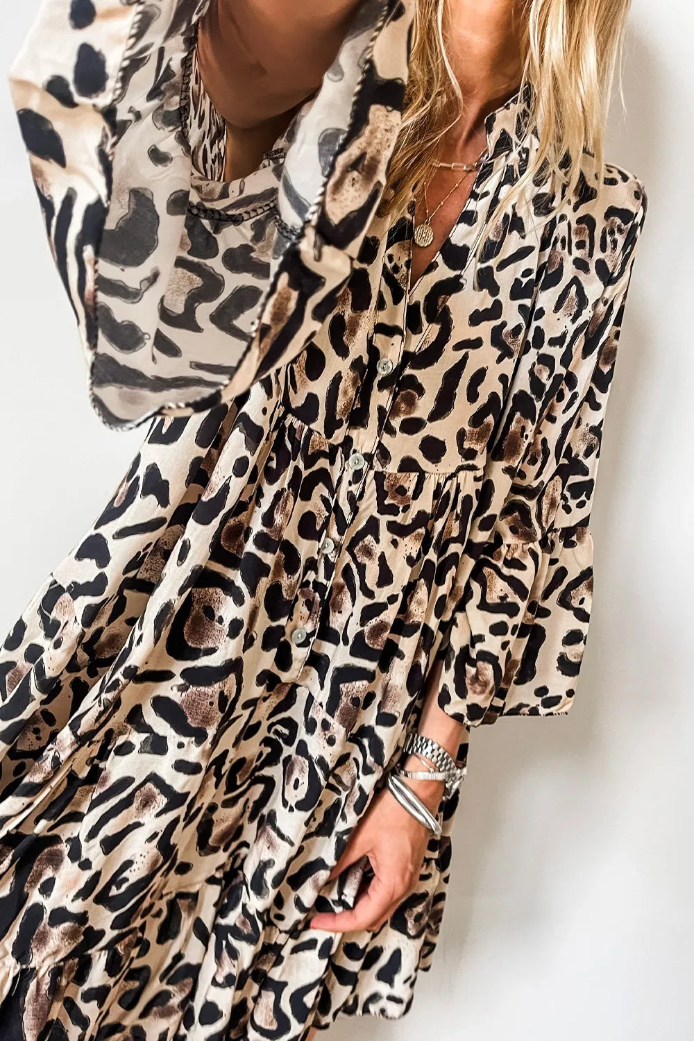 Leopard Print Buttoned Front 3/4 Sleeve Tiered Ruffled Hem Dress.