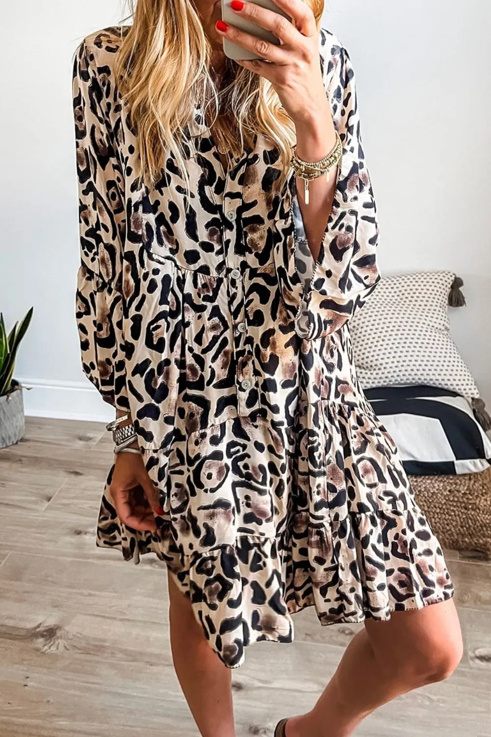 Leopard Print Buttoned Front 3/4 Sleeve Tiered Ruffled Hem Dress.