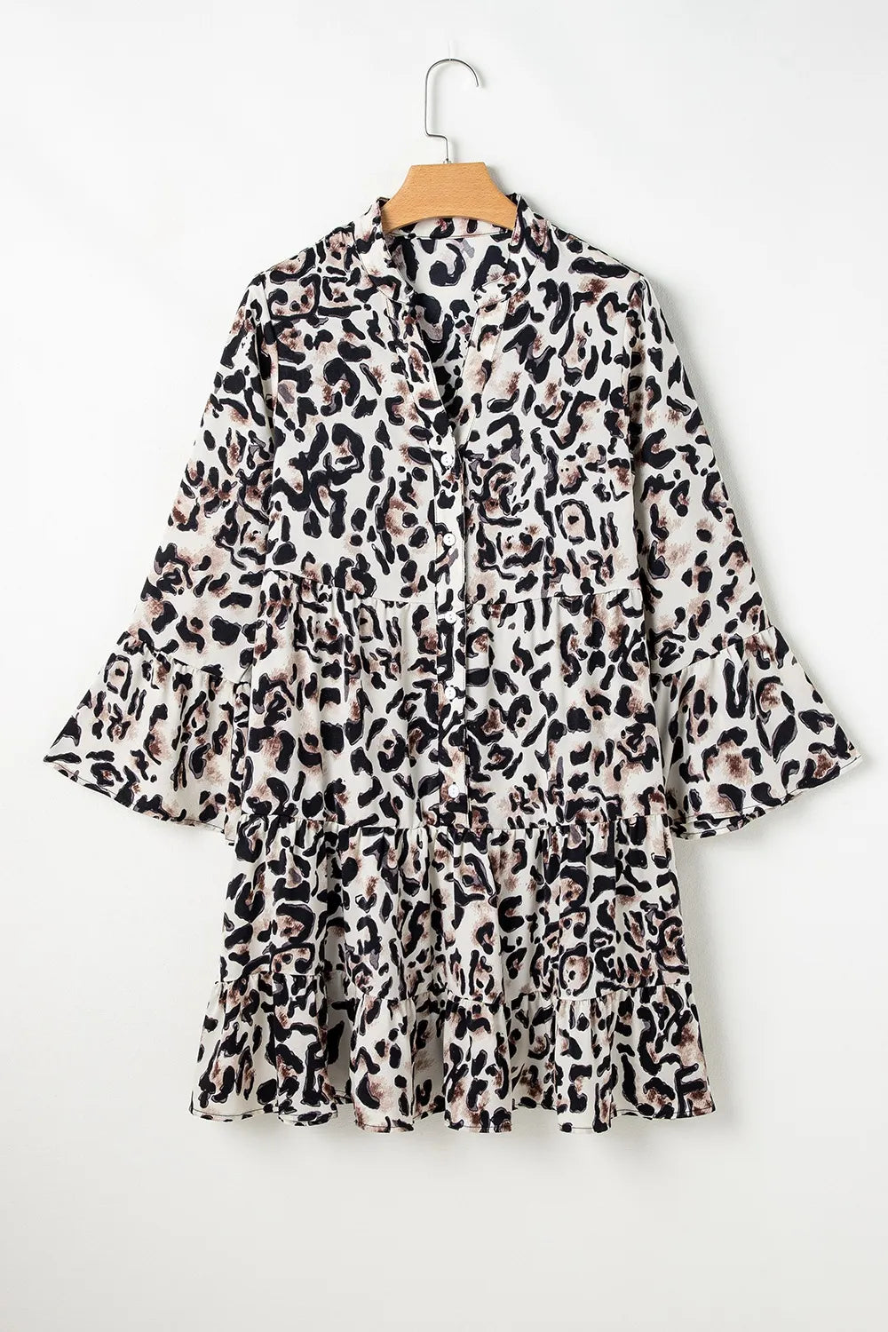 Leopard Print Buttoned Front 3/4 Sleeve Tiered Ruffled Hem Dress.