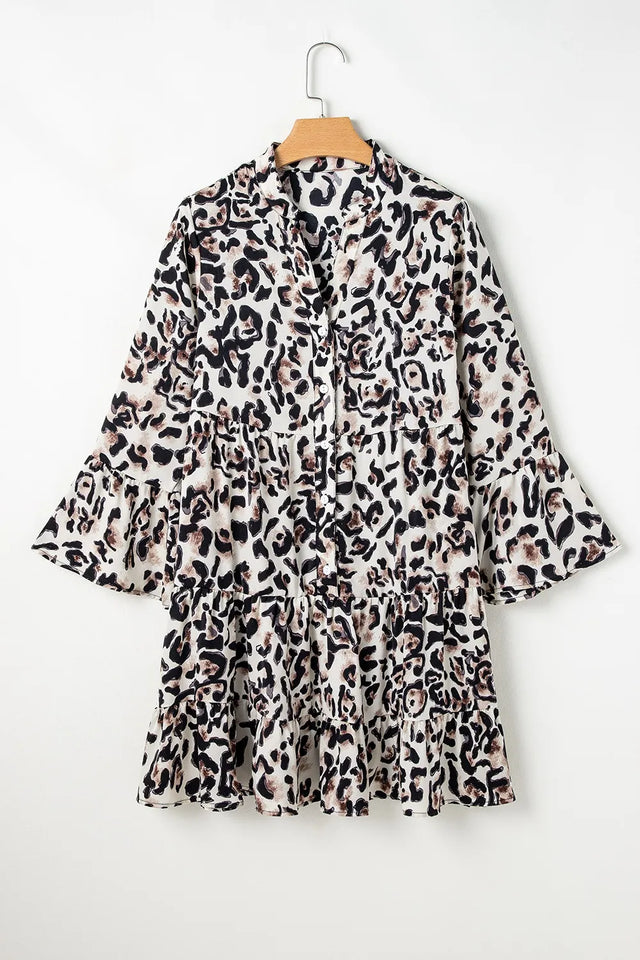 Leopard Print Buttoned Front 3/4 Sleeve Tiered Ruffled Hem Dress.