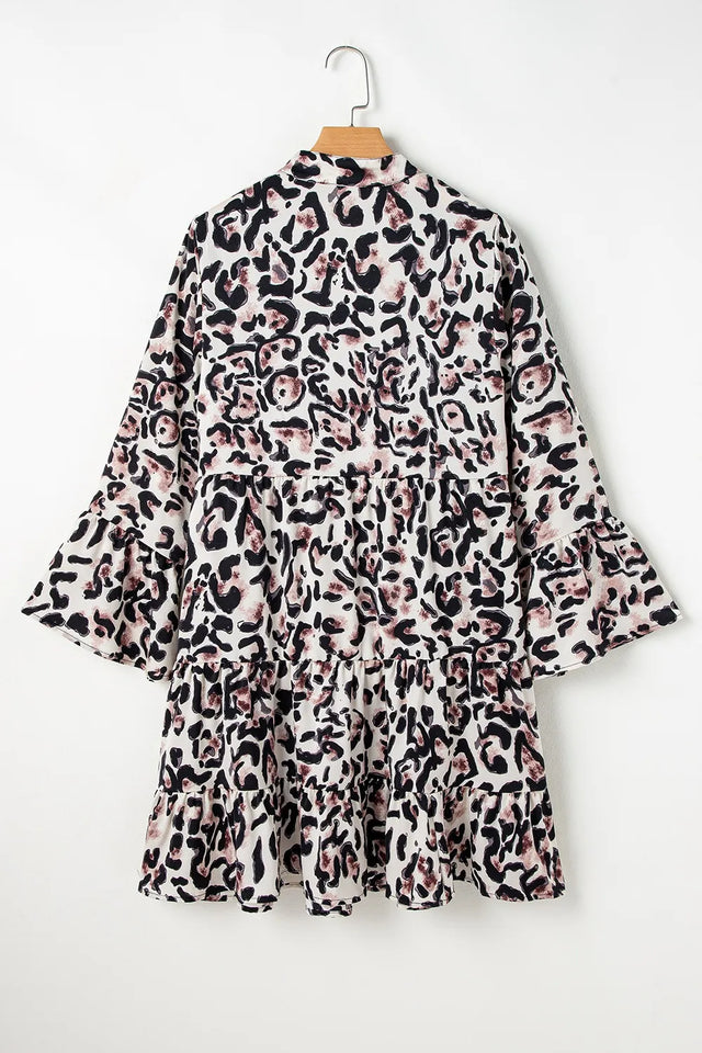 Leopard Print Buttoned Front 3/4 Sleeve Tiered Ruffled Hem Dress.