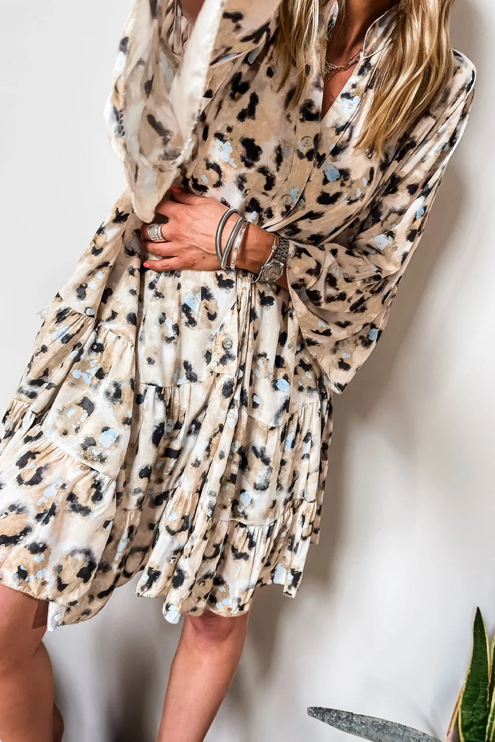 Leopard Print Buttoned Front 3/4 Sleeve Tiered Ruffled Hem Dress.