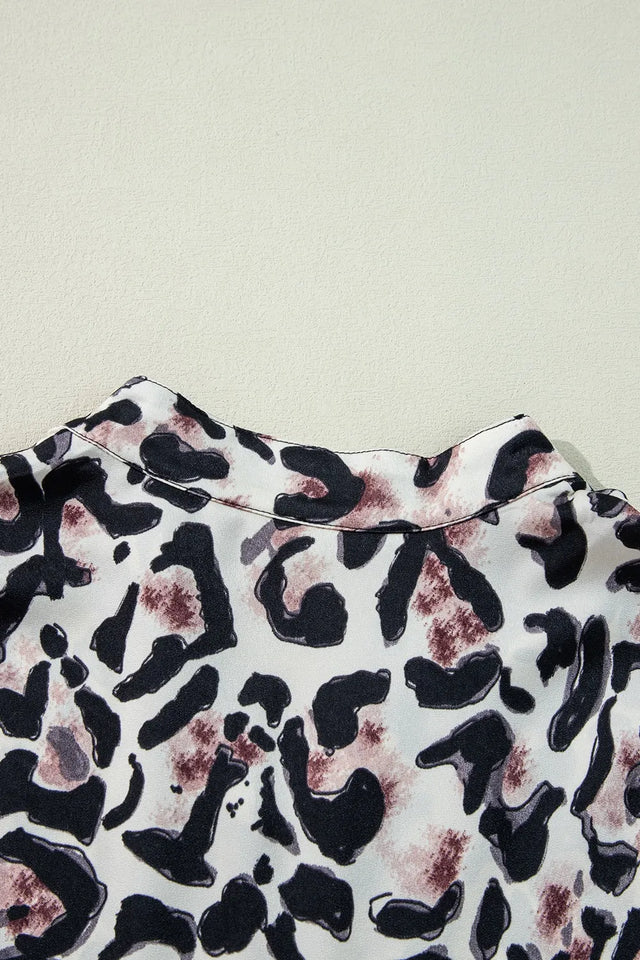 Leopard Print Buttoned Front 3/4 Sleeve Tiered Ruffled Hem Dress.