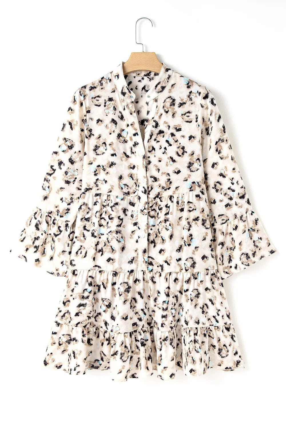 Leopard Print Buttoned Front 3/4 Sleeve Tiered Ruffled Hem Dress.
