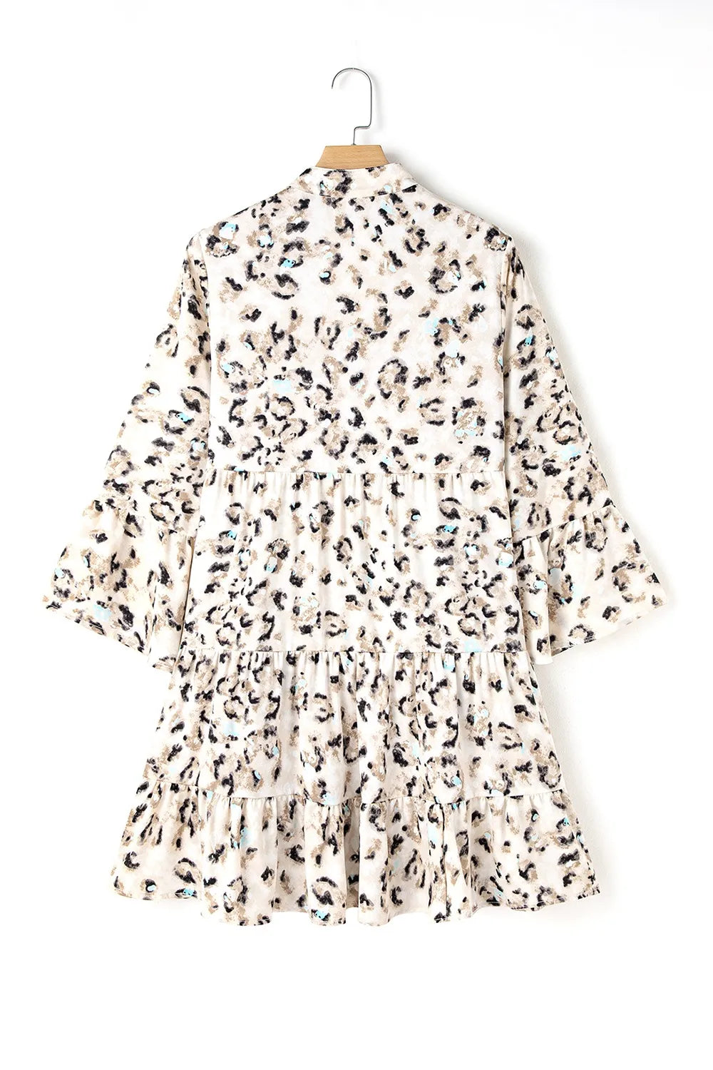 Leopard Print Buttoned Front 3/4 Sleeve Tiered Ruffled Hem Dress.