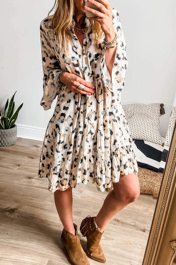 Leopard Print Buttoned Front 3/4 Sleeve Tiered Ruffled Hem Dress.