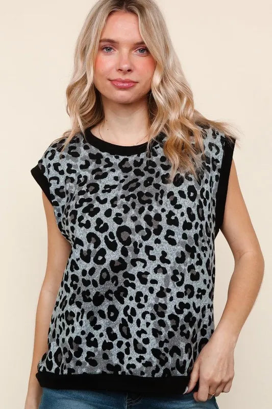 Leopard Print Dolman Cap Sleeve Knit Top