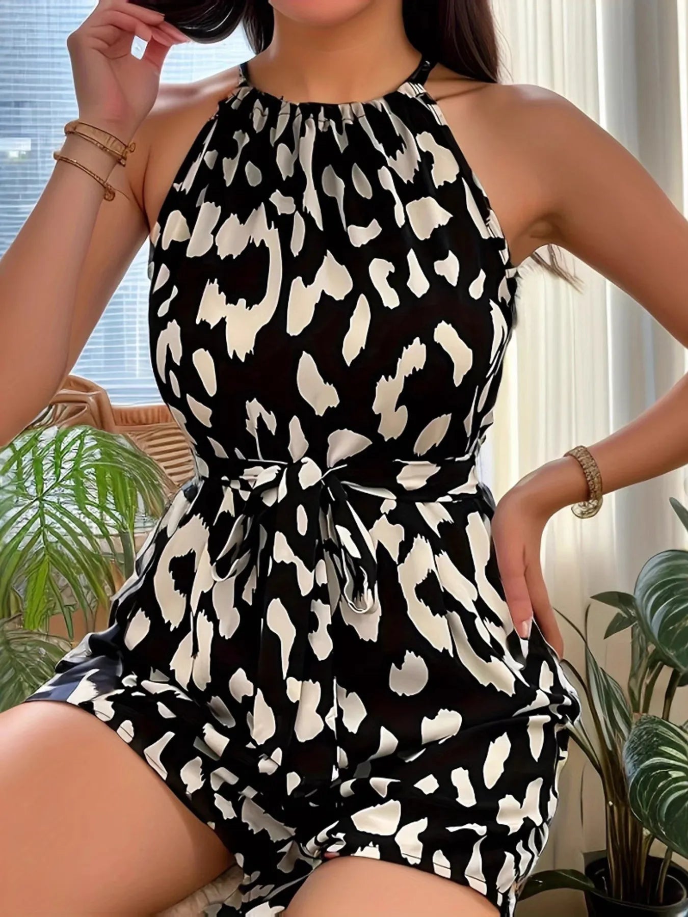 Leopard Print Halter Neck Belted Summer Romper